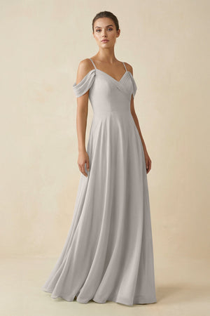 Off - the - Shoulder A - Line Pleated Chiffon Bridesmaid Gown in Silver - SHE IS ME Bridesmaid Dresses