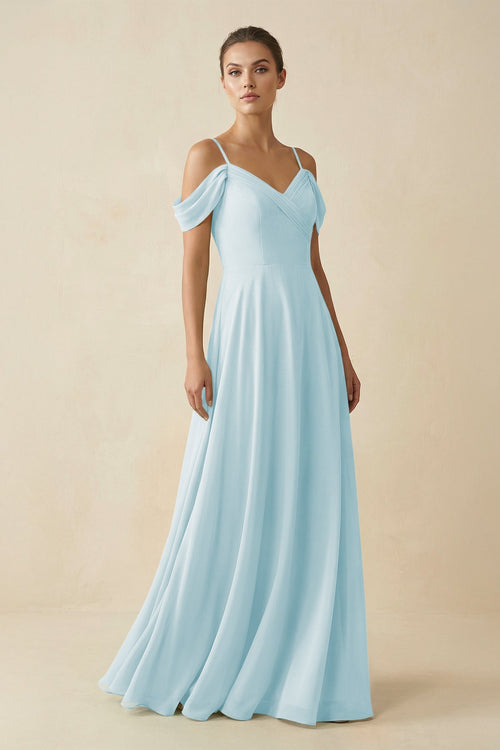 Off - the - Shoulder A - Line Pleated Chiffon Bridesmaid Gown in Sky Blue - KISS BRIDAL Bridesmaid Dresses