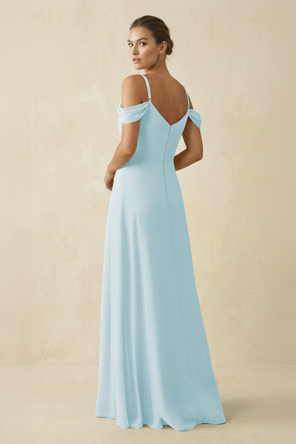 Off - the - Shoulder A - Line Pleated Chiffon Bridesmaid Gown in Sky Blue - KISS BRIDAL Bridesmaid Dresses