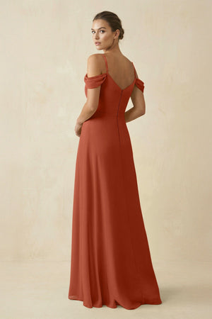 Off - the - Shoulder A - Line Pleated Chiffon Bridesmaid Gown in Spice - KISS BRIDAL Bridesmaid Dresses