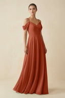 Off - the - Shoulder A - Line Pleated Chiffon Bridesmaid Gown in Spice - KISS BRIDAL Bridesmaid Dresses