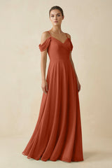 Off - the - Shoulder A - Line Pleated Chiffon Bridesmaid Gown in Spice - KISS BRIDAL Bridesmaid Dresses