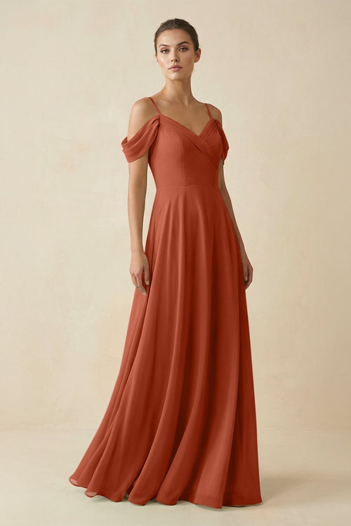 Off - the - Shoulder A - Line Pleated Chiffon Bridesmaid Gown in Spice - KISS BRIDAL Bridesmaid Dresses