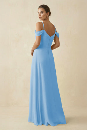 Off - the - Shoulder A - Line Pleated Chiffon Bridesmaid Gown in Steel Blue - KISS BRIDAL Bridesmaid Dresses