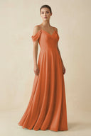 Off - the - Shoulder A - Line Pleated Chiffon Bridesmaid Gown in Terracotta - KISS BRIDAL Bridesmaid Dresses