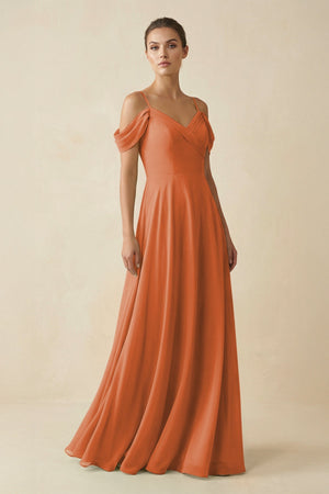 Off - the - Shoulder A - Line Pleated Chiffon Bridesmaid Gown in Terracotta - KISS BRIDAL Bridesmaid Dresses