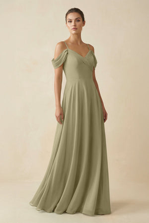 Off - the - Shoulder A - Line Pleated Chiffon Bridesmaid Gown in Thyme - KISS BRIDAL Bridesmaid Dresses