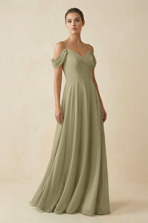 Off - the - Shoulder A - Line Pleated Chiffon Bridesmaid Gown in Thyme - KISS BRIDAL Bridesmaid Dresses