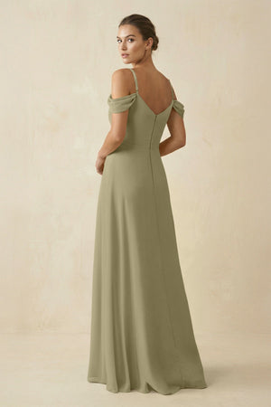 Off - the - Shoulder A - Line Pleated Chiffon Bridesmaid Gown in Thyme - KISS BRIDAL Bridesmaid Dresses