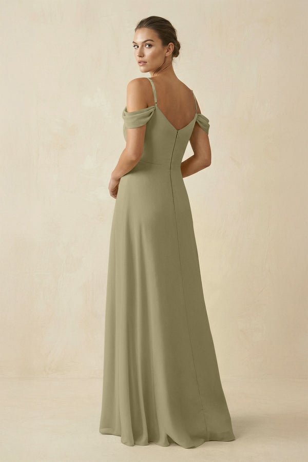 Off - the - Shoulder A - Line Pleated Chiffon Bridesmaid Gown in Thyme - KISS BRIDAL Bridesmaid Dresses
