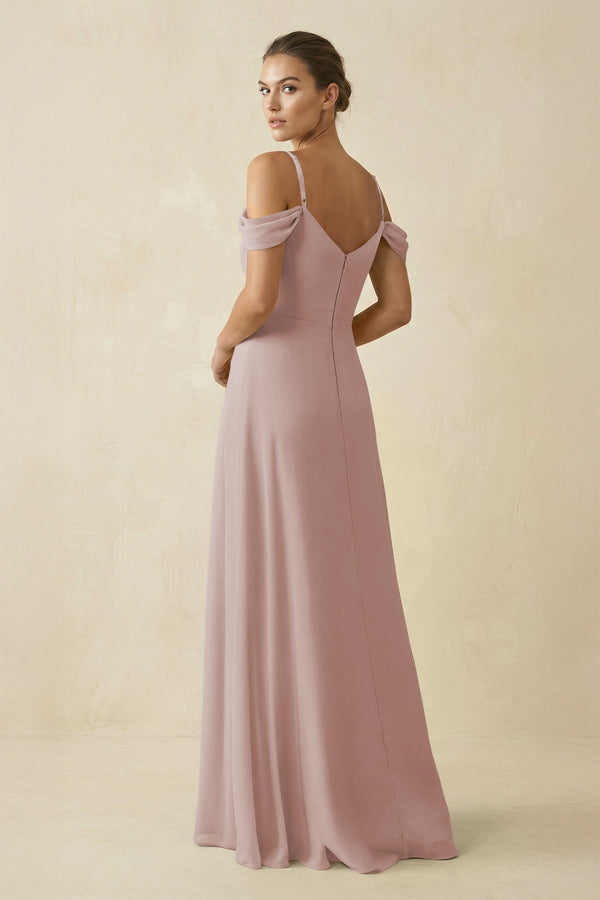 Off-the-Shoulder A-Line Pleated Chiffon Bridesmaid Gown in Toffee (2) | KISSBRIDAL