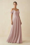 Off - the - Shoulder A - Line Pleated Chiffon Bridesmaid Gown in Toffee - KISS BRIDAL Bridesmaid Dresses