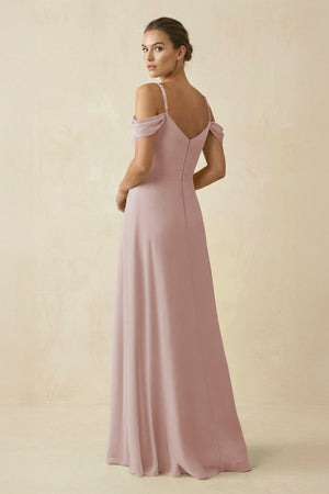 Off - the - Shoulder A - Line Pleated Chiffon Bridesmaid Gown in Toffee - KISS BRIDAL Bridesmaid Dresses