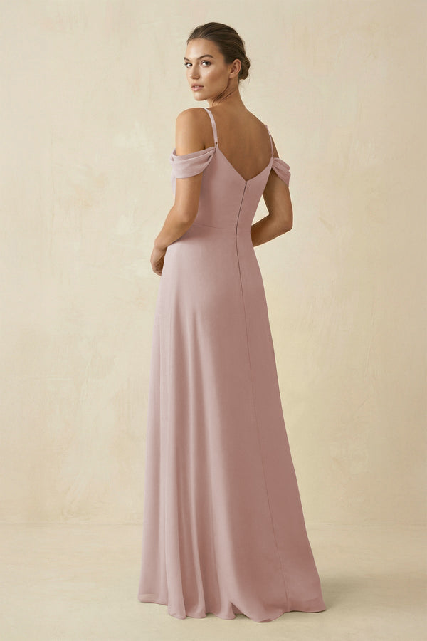 Off - the - Shoulder A - Line Pleated Chiffon Bridesmaid Gown in Toffee - KISS BRIDAL Bridesmaid Dresses