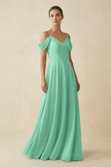 Off - the - Shoulder A - Line Pleated Chiffon Bridesmaid Gown in Turquoise - KISS BRIDAL Bridesmaid Dresses