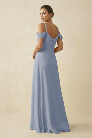 Off - the - Shoulder A - Line Pleated Chiffon Bridesmaid Gown in Twilight - KISS BRIDAL Bridesmaid Dresses