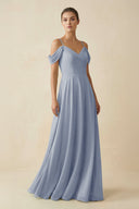 Off - the - Shoulder A - Line Pleated Chiffon Bridesmaid Gown in Twilight - KISS BRIDAL Bridesmaid Dresses