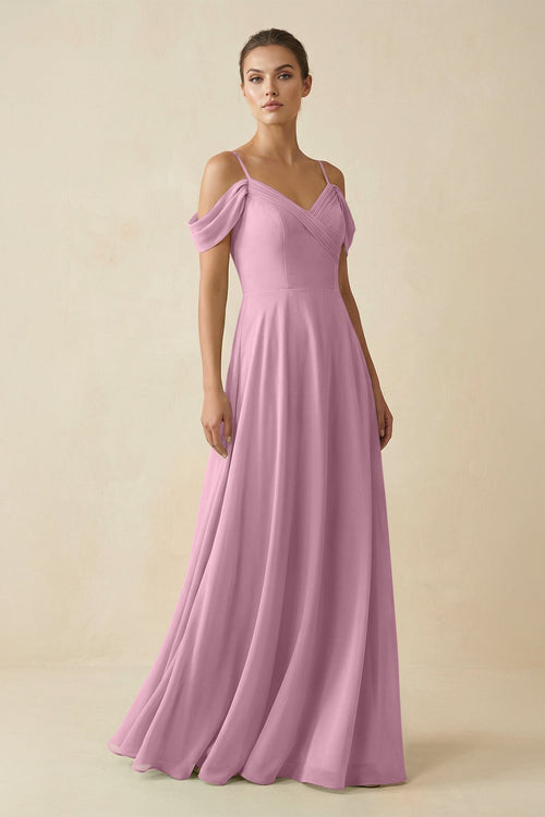 Off - the - Shoulder A - Line Pleated Chiffon Bridesmaid Gown in Vintage Mauve - SHE IS ME Bridesmaid Dresses