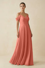 Off - the - Shoulder A - Line Pleated Chiffon Bridesmaid Gown in Wild Rose - KISS BRIDAL Bridesmaid Dresses