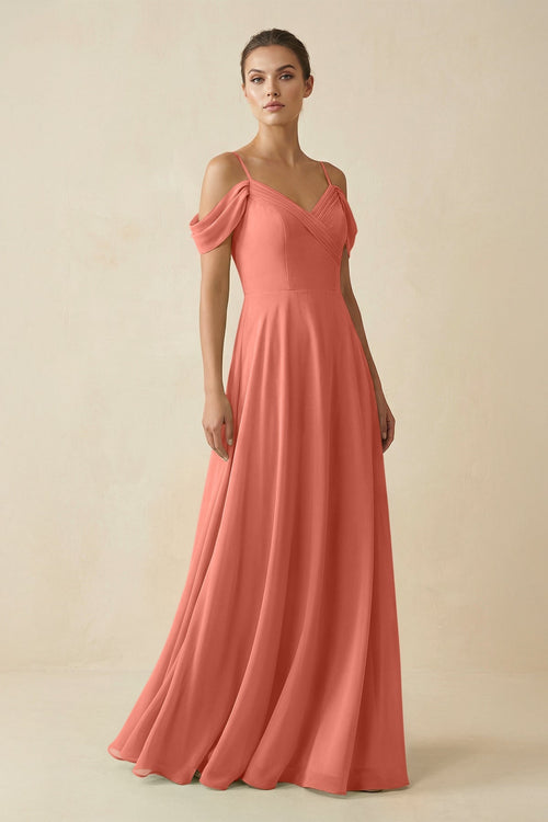 Off - the - Shoulder A - Line Pleated Chiffon Bridesmaid Gown in Wild Rose - KISS BRIDAL Bridesmaid Dresses