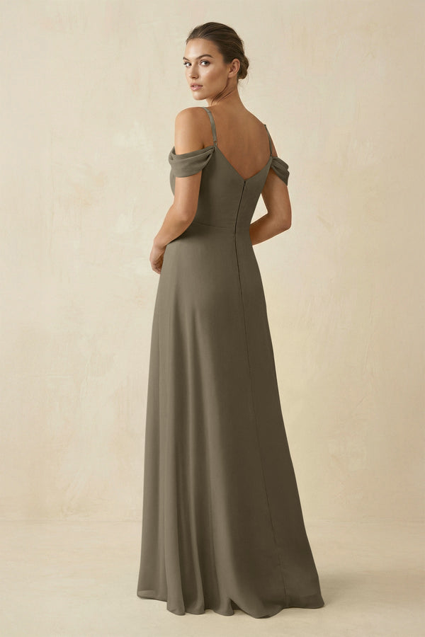 Off - the - Shoulder A - Line Pleated Chiffon Bridesmaid Gown in Willow Green - KISS BRIDAL Bridesmaid Dresses