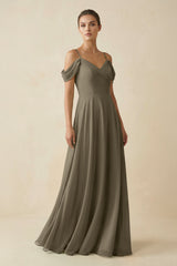 Off - the - Shoulder A - Line Pleated Chiffon Bridesmaid Gown in Willow Green - KISS BRIDAL Bridesmaid Dresses