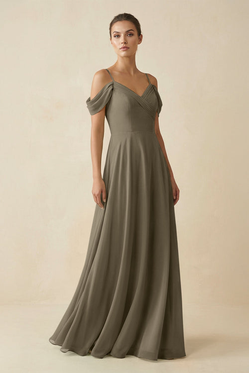 Off - the - Shoulder A - Line Pleated Chiffon Bridesmaid Gown in Willow Green - KISS BRIDAL Bridesmaid Dresses