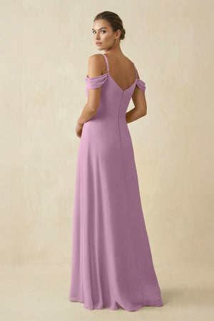 Off - the - Shoulder A - Line Pleated Chiffon Bridesmaid Gown in Wisteria - SHE IS ME Bridesmaid Dresses
