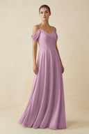 Off - the - Shoulder A - Line Pleated Chiffon Bridesmaid Gown in Wisteria - SHE IS ME Bridesmaid Dresses