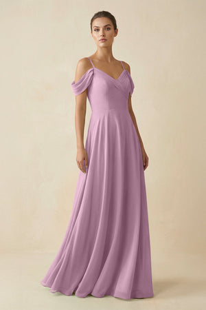 Off - the - Shoulder A - Line Pleated Chiffon Bridesmaid Gown in Wisteria - SHE IS ME Bridesmaid Dresses