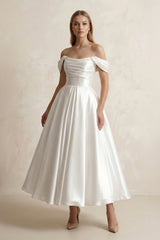 Off - the - Shoulder A - Line Satin Midi Wedding Dress in White - KISS BRIDAL Wedding Dresses
