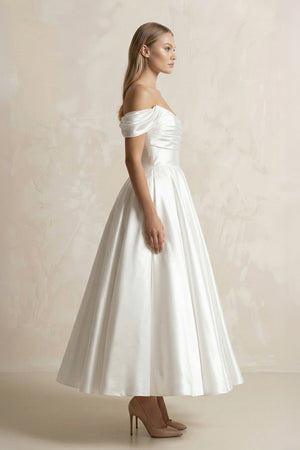 Off - the - Shoulder A - Line Satin Midi Wedding Dress in White - SHE IS ME Wedding Dresses