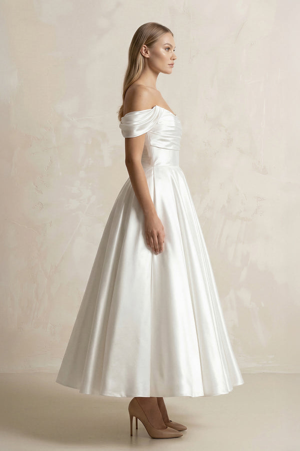 Off - the - Shoulder A - Line Satin Midi Wedding Dress in White - SHE IS ME Wedding Dresses