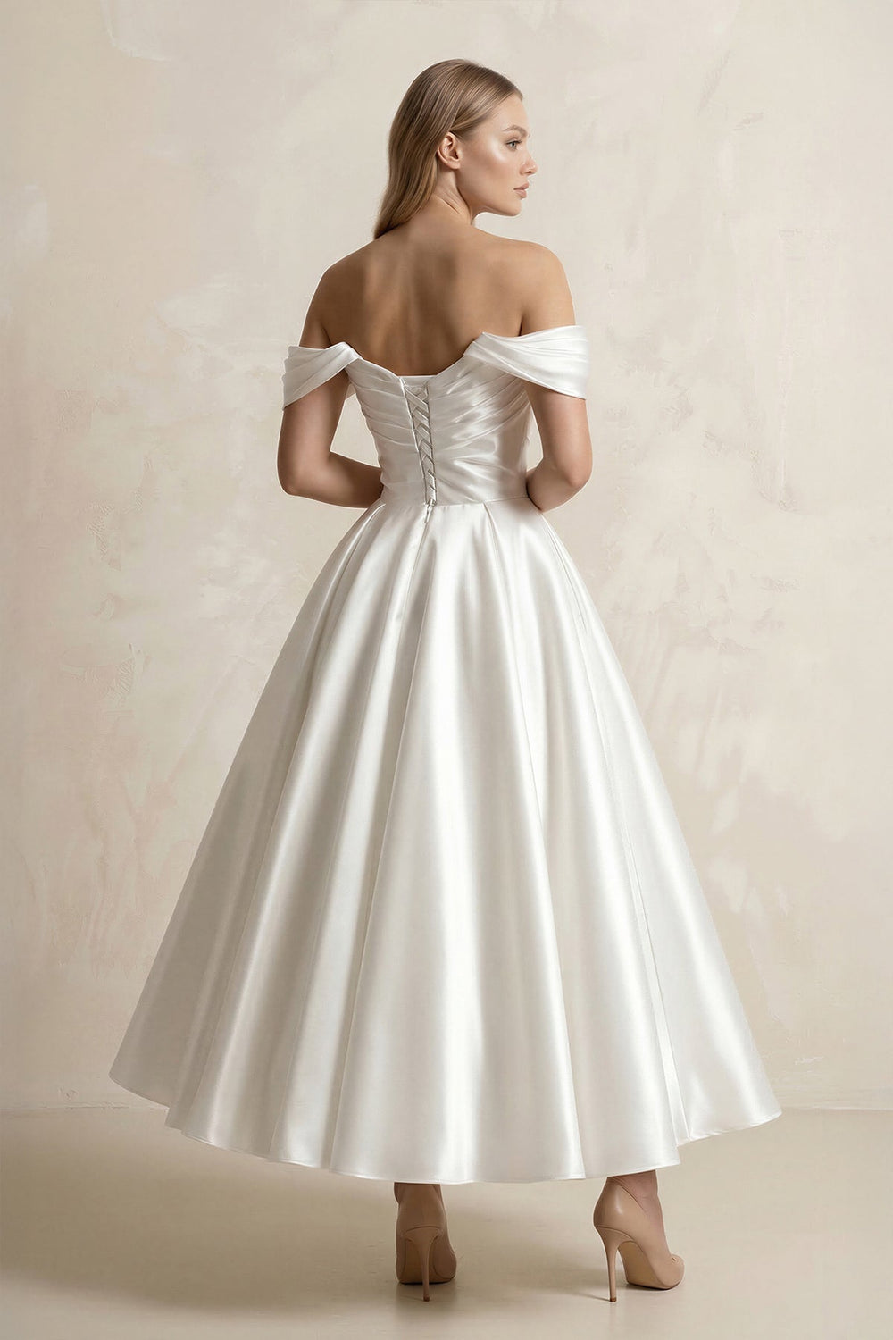 Off - the - Shoulder A - Line Satin Midi Wedding Dress in White - KISS BRIDAL Wedding Dresses