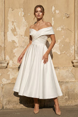 Off The Shoulder A Line Satin Pleated Wedding Dress - KISS BRIDAL Wedding Dresses