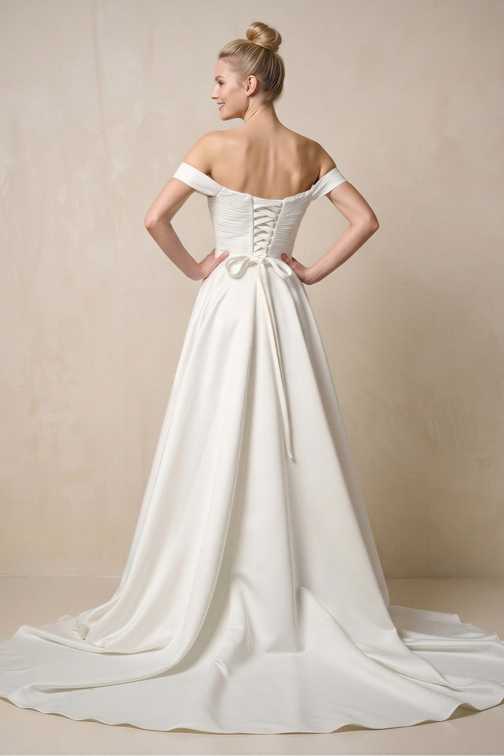Off - the - Shoulder A - Line Satin Ruched Wedding Dress in White - KISS BRIDAL Wedding Dresses