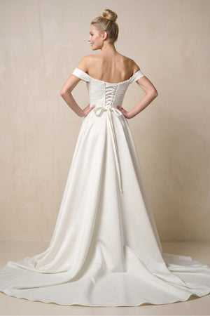 Off - the - Shoulder A - Line Satin Ruched Wedding Dress in White - SHE IS ME Wedding Dresses