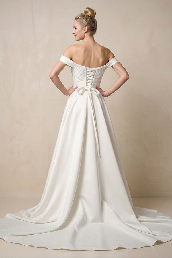 Off - the - Shoulder A - Line Satin Ruched Wedding Dress in White - SHE IS ME Wedding Dresses