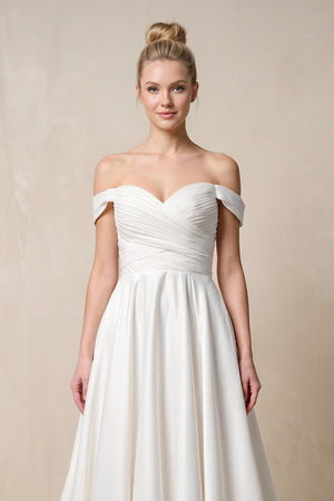 Off - the - Shoulder A - Line Satin Ruched Wedding Dress in White - SHE IS ME Wedding Dresses