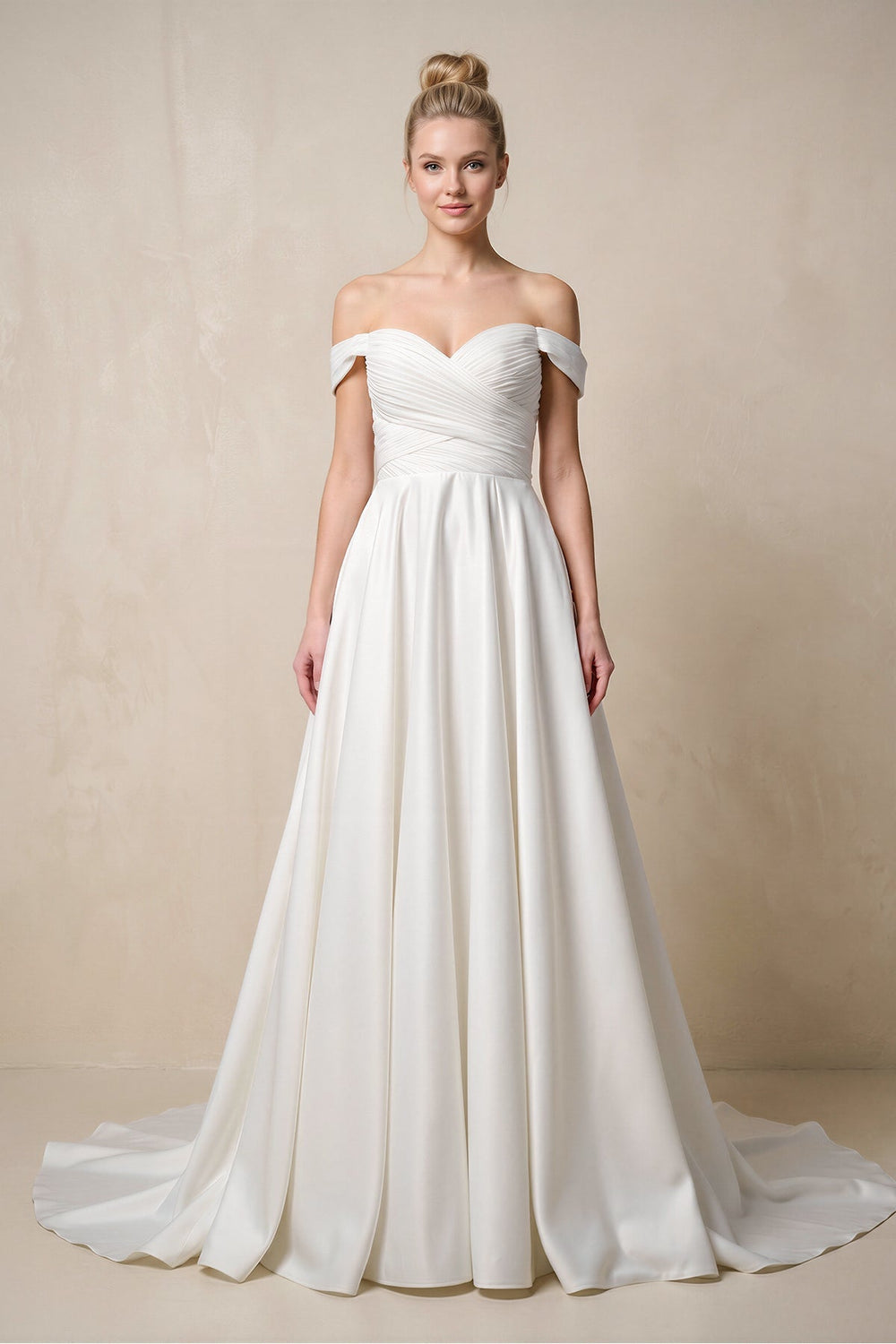 Off - the - Shoulder A - Line Satin Ruched Wedding Dress in White - KISS BRIDAL Wedding Dresses