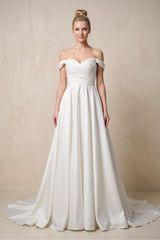 Off - the - Shoulder A - Line Satin Ruched Wedding Dress in White - KISS BRIDAL Wedding Dresses
