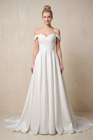 Off - the - Shoulder A - Line Satin Ruched Wedding Dress in White - SHE IS ME Wedding Dresses