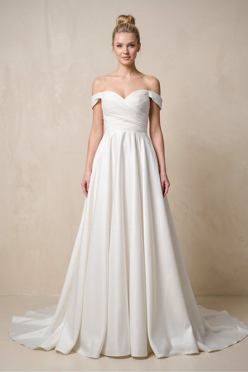 Off - the - Shoulder A - Line Satin Ruched Wedding Dress in White - SHE IS ME Wedding Dresses