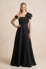 Off - the - Shoulder A - Line Satin Ruffled MaxiDress in Black - KISS BRIDAL Wedding Dresses