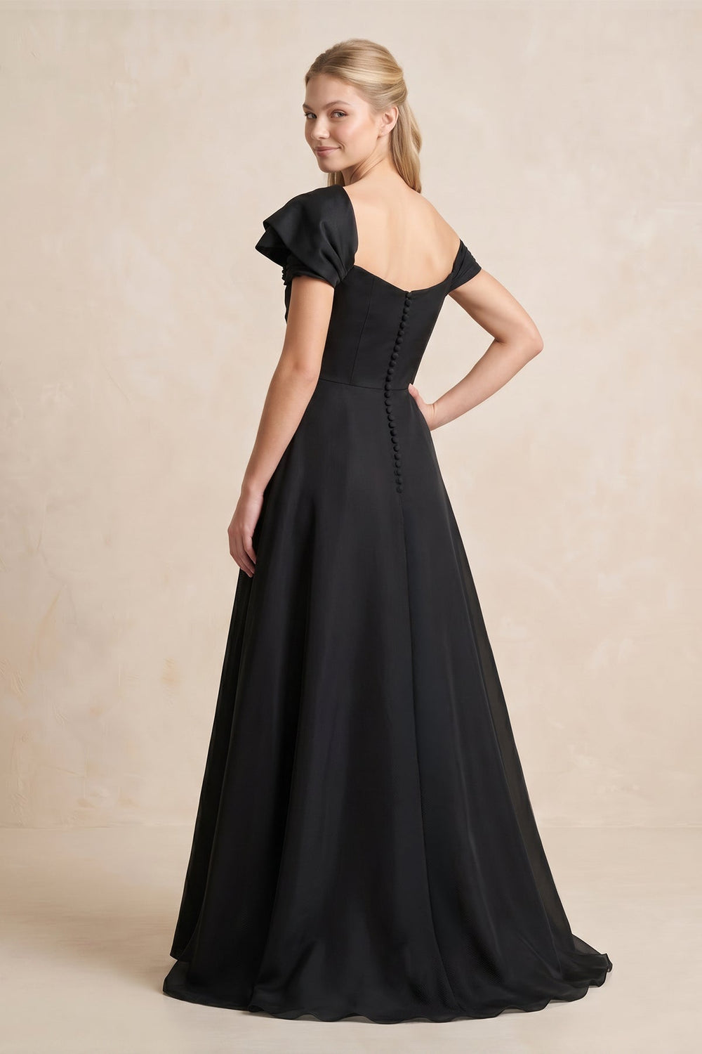 Off - the - Shoulder A - Line Satin Ruffled MaxiDress in Black - KISS BRIDAL Wedding Dresses