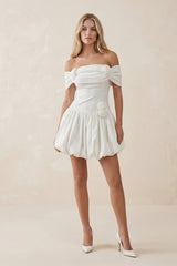 Off - the - Shoulder A - Line Satin Ruffled Mini Wedding Dress in White - KISS BRIDAL Wedding Dresses