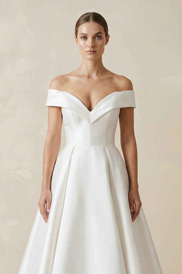 Off - the - shoulder A - Line Satin Wedding Dress - SHE IS ME Wedding Dresses
