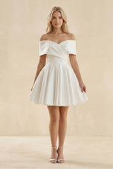 Off - the - Shoulder A - Line Satin Wedding Dress in Ivory - KISS BRIDAL Wedding Dresses