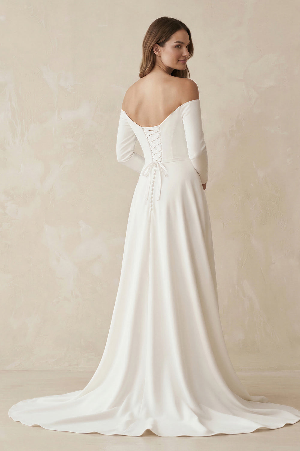 Off - the - Shoulder A - Line Satin Wedding Dress in White - KISS BRIDAL Wedding Dresses