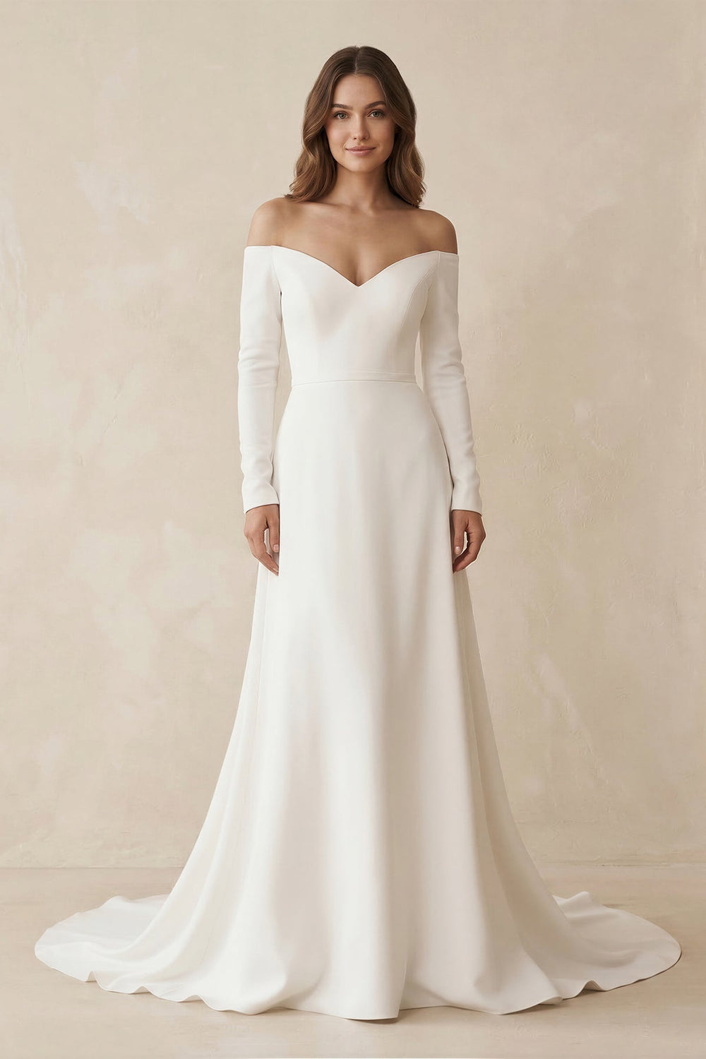 Off - the - Shoulder A - Line Satin Wedding Dress in White - KISS BRIDAL Wedding Dresses